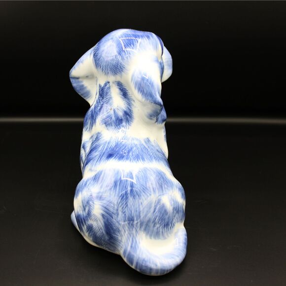 Vintage Blue White Ceramic Dog Figurine Glossy Glaze Cocker Basset Animal Decor - Picture 5 of 8